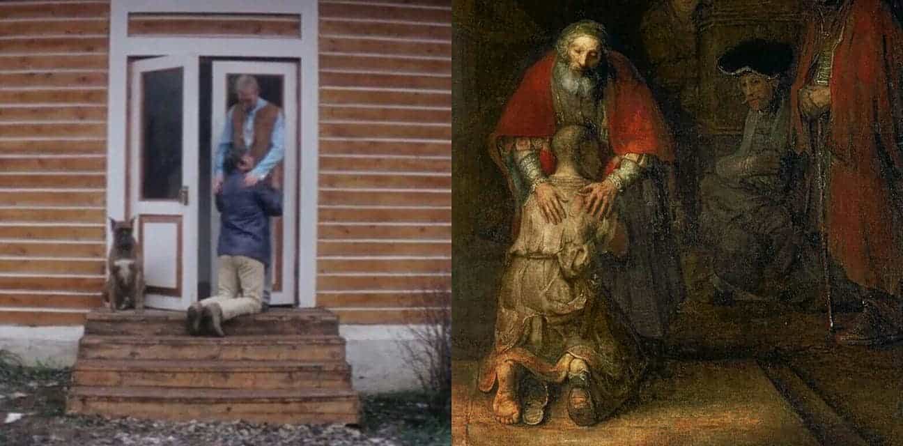 Comparativa entre el final de la película en la casa del padre y la escena del hijo pródigo del cuadro