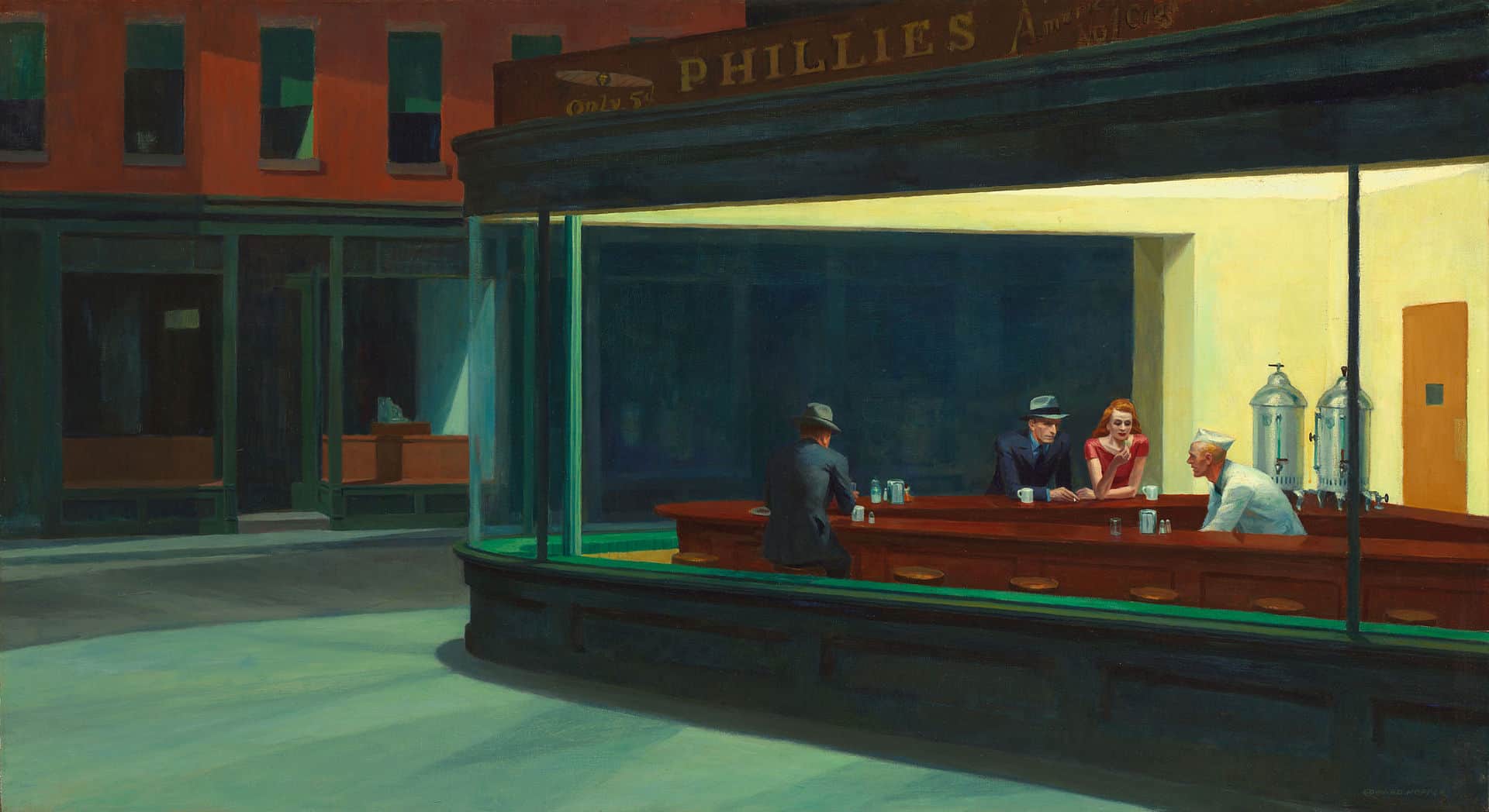 El famosos cuadro del pintor norteamericano que representa una escena nocturna con un bar luminoso visto desde la calle