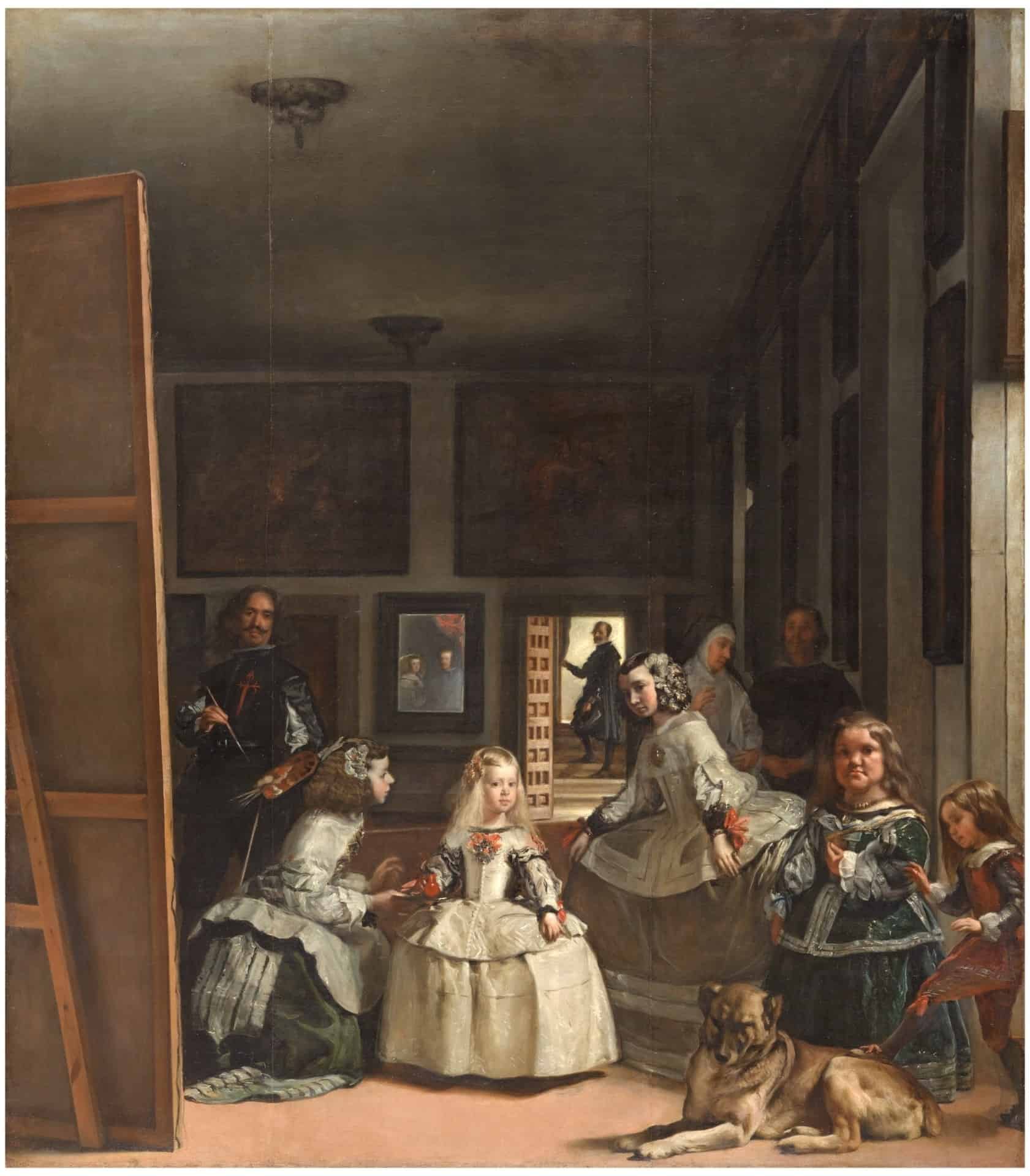 El pintor pinta a las infantas mientras todos ellos miran al espectador