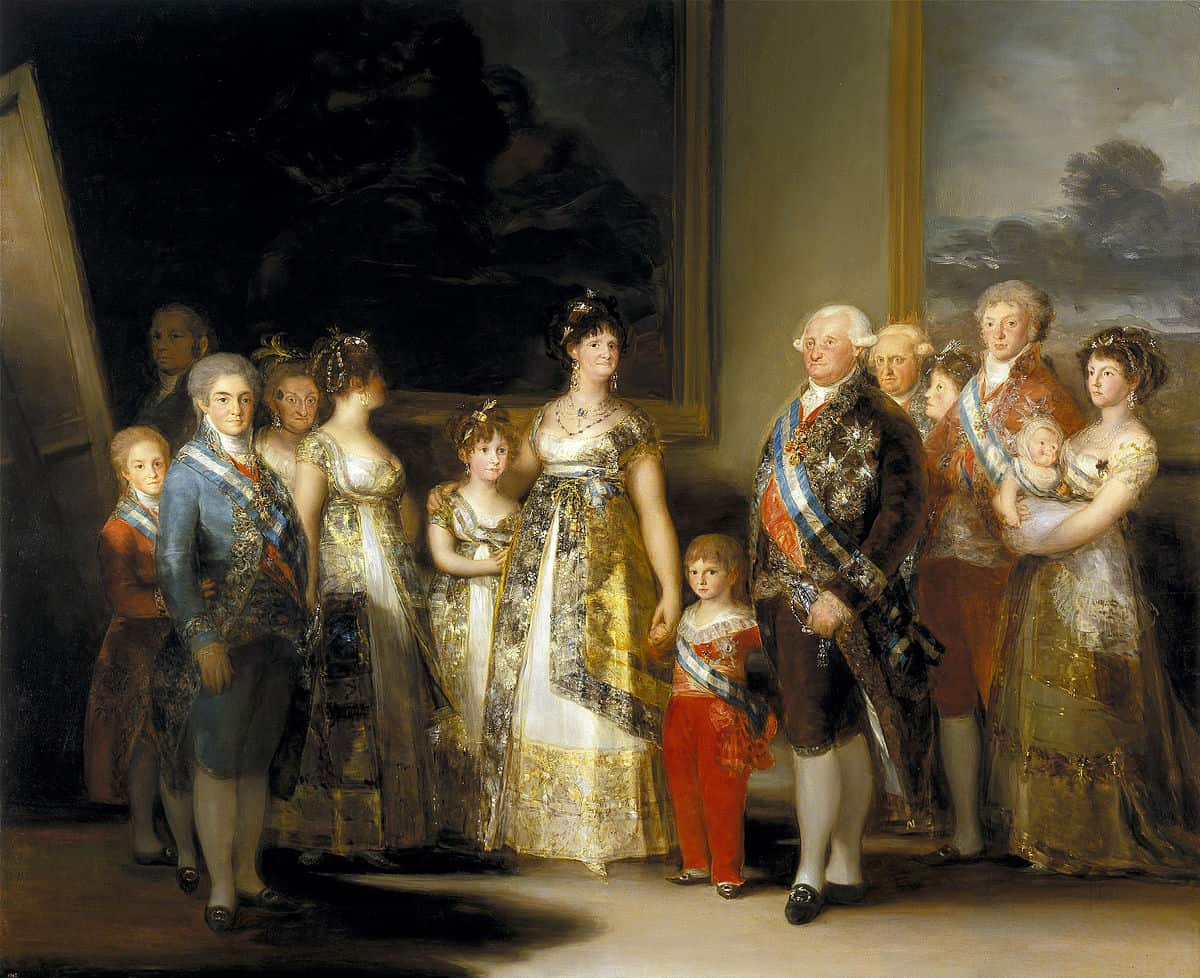 La amplia familia del monarca posa con el pintor al fondo mirando todos al espectador